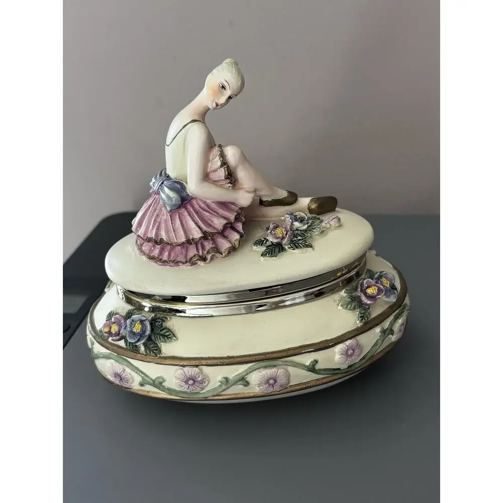 Vintage Ballerina Girl Trinket Box Jewelry Porcelain Floral Cottage Vanity MCM